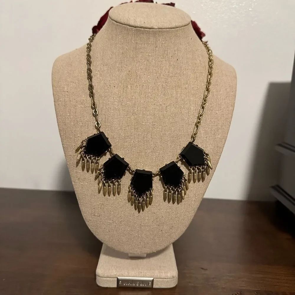 Vintage J Crew Gold Tone Deco Black Crystal Stone Bib Statement Necklace